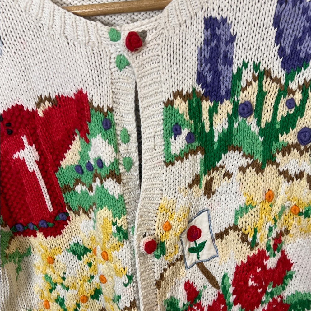 Vintage Cottagecore Garden Knit Cardigan Floral Watering Can Sweater - Picture 3 of 4